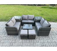 Fimous 8 Seater Rattan Outdoor Sofa Set - Square Coffee Table, Loveseat, 2 Footstools & 2 Side Tables