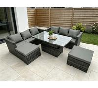 Fimous 8 Seater Wicker PE Rattan Sofa Garden Furniture Set Outdoor Adjustable Rising Lifting Dining Table Set with 2 Big Footstools Dark Grey Mixed