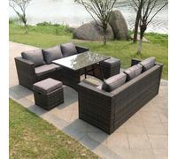 Fimous 8 Seater Rattan Sofa Set with Dining Table, 2 Sofas, 2 Stools - Dark Grey