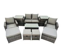 Fimous 8 Seater Rattan Furniture Set with Coffee Table, Sofa, 4 Stools, 2 Chairs & 2 Side Tables - Dark Grey
