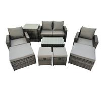 Fimous 8 Seater Wicker Pe Rattan Furniture Outdoor Coffee Table Double Seat Sofa 4 Stools Side Table Set Dark Grey Mixed