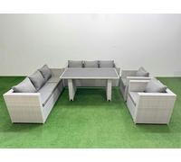 Fimous 8 Seater Wicker PE Rattan Furniture Outdoor Dining Table 3 Seater Sofa Armchair Set Light Grey