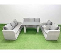 Fimous 8 Seater Wicker Pe Rattan Furniture Outdoor Dining Table 3 Seater Sofa Reclining Chair Set Light Grey
