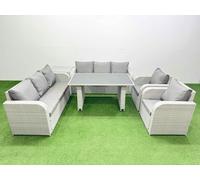 Fimous 8 Seater Wicker PE Rattan Furniture Outdoor Dining Table 3 Seater Sofa Reclining Chair Set with Side Table Light Grey Light Grey