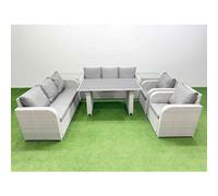 Fimous 8 Seater Wicker PE Rattan Furniture Outdoor Dining Table 3 Seater Sofa Reclining Chair Set with 2 Side Tables Light Grey