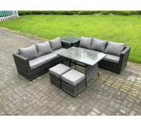 Fimous 8 Seater Wicker PE Rattan Garden Dining Set Outdoor Furniture Sofa with Side Table Dining Table Stools Dark Grey Mixed