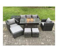 Fimous 8 Seater Wicker PE Rattan Garden Furniture Set Gas Fire Pit Dining Table Gas Heater Burner 2 Armchairs