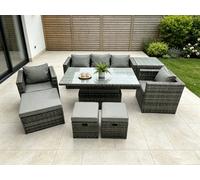 Fimous 8 Seater Wicker PE Rattan Garden Furniture Sofa Set Outdoor Adjustable Rising Lifting Dining Table Set in Dark Grey Fimous Dark Grey
