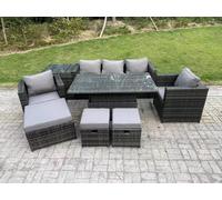 Fimous 8 Seater Wicker PE Rattan Garden Furniture Sofa Set Outdoor Adjustable Rising Lifting Dining Table Set in Dark Grey Fimous Dark Grey