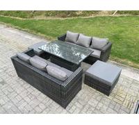 Fimous 8 Seater Wicker PE Rattan Sofa Garden Furniture Set Outdoor Adjustable Rising Lifting Dining Table Set with 2 Big Footstools Dark Grey Mixed