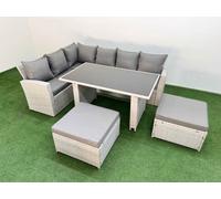 FIMOUS 8-Seater Rattan Corner Sofa Set with Rectangular Dining Table & 2 Big Footstools, Light Grey