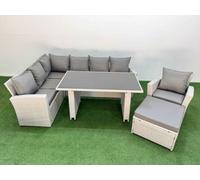 Fimous 8 Seater Wicker Rattan Corner Sofa Sets Outdoor Garden Furniture Sets with Rectangular Dining Table Lounge Sofa Big Footstool Armchair