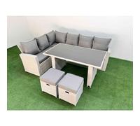 Fimous 8 Seater Wicker Rattan Corner Sofa Sets Outdoor Garden Furniture Sets with Rectangular Dining Table Lounge Sofa 2 Small Footstools Light Grey