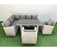 Fimous 8 Seater Wicker Rattan Corner Sofa Sets Outdoor Garden Furniture Sets with Rectangular Dining Table Lounge Sofa 2 Armchair Light Grey