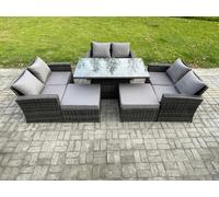 Fimous 8 Seater Wicker Rattan Garden Furniture Rising Table Set with 2 Big Footstool Double Seat Sofa Dark Grey Mixed