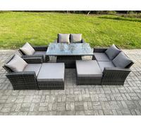 Fimous 8 Seater Wicker Rattan Garden Furniture Rising Table Set with 2 Big Footstool Double Seat Sofa Armchairs Dark Grey Mixed Fimous Dark Grey