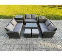 Fimous 8pc Rattan Sofa Garden Furniture Outdoor Patio Set with 2 Side Tables 2 Small Footstools Love Seat Sofa Dark Grey Mixed