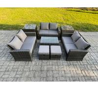 Fimous 8Pc Rattan Sofa Garden Furniture Outdoor Patio Set With 2 Side Tables 2 Small Footstools Love Seat Sofa Dark Grey