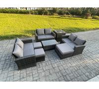 Fimous 8pc Rattan Sofa Garden Furniture Outdoor Patio Set with Side Table 3 Footstools Double Seat Sofa Dark Grey Mixed