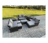 Fimous 8pc Rattan Sofa Garden Furniture Outdoor Patio Set with Side Table 3 Footstools Double Seat Sofa Dark Grey Mixed