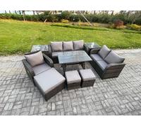 Fimous 9 PCS Outdoor Lounge Sofa Set Wicker PE Rattan Garden Furniture Set with Rectangular Dining Table Armchair 3 Footstools Dark Grey Mixed