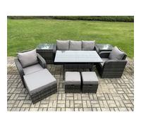 Fimous 9 Pcs Rattan Outdoor Garden Furniture Set Rectangular Dining Table And Chair Sofa Set With 2 Side Tables 3 Footstools