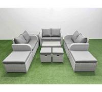 Fimous 9 Pcs Rectangular Coffee Table Set Reclining Chair Inclining Sofa Love Sofa 2 Big Footstool 2 Small Stool Side Table