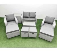 Fimous 9 PCs Rectangular Coffee Table Set Reclining Chair Inclining Sofa Seat Side Table 2 Big Footstool Light Grey