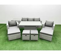 9 PCs Rising Dining Table Set Rattan Furniture Set with 3 Seater Sofa Fimous Light Grey One Size