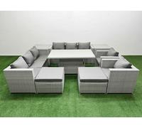 Fimous 9 Pcs Rising Dining Table Set Rattan Furniture Set With 3 Seater Sofa Chair 2 Big Footstools 2 Side Tables Light Grey