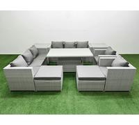 9 PCs Rising Dining Table Set Rattan Furniture Set with 3 Seater Sofa Fimous Light Grey One Size