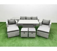 Fimous 9 Pcs Rising Dining Table Set Rattan Furniture Set With 3 Seater Sofa Chair 2 Big Footstools 2 Small Footstools Side Table