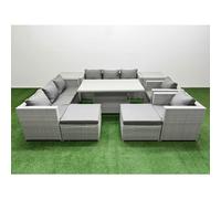 Fimous 9 Pcs Rising Dining Table Set Rattan Furniture Set With 3 Seater Sofa Chair 2 Big Footstools 2 Side Tables Light Grey