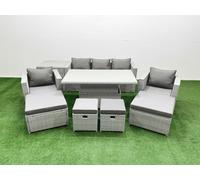 Fimous 9 PCs Rising Dining Table Set Rattan Furniture Set with 3 Seater Sofa Chair 2 Big Footstools 2 Small Footstools Side Table Light Grey