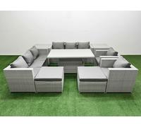 Fimous 9 PCs Rising Dining Table Set Rattan Furniture Set with 3 Seater Sofa in Light Grey Fimous Light Grey