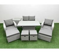 Fimous 9 Pcs Rising Dining Table Set Reclining Chair Inclining Love Sofa Seat 2 Big Footstool 2 Small Stool 1 Side Table