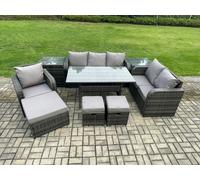 9 Piece Garden Rattan Furniture Dining Table Sofa Set Indoor Outdoor with Reclining Chairs 2 Side Tables 3 Footstools Dark Grey Mixed Fimous Dark Grey One Size