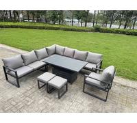 Fimous 9 Piece L-Shaped Garden Furniture Set 10-Seater Aluminium Outdoor Dining Set with Adjustable Rising Table, Chair & 2 Small Footstools