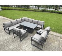 Fimous 9 Piece L-Shaped 10-Seater Aluminium Outdoor Dining Set With Adjustable Rising Lifting Dining Table 3 Chairs Dark Grey