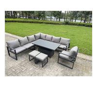 Fimous 9 Piece L-shaped Garden Furniture Set 10-Seater Aluminium Outdoor Dining Set with Adjustable Rising Lifting Dining Table Chair 2 Small Footstoo