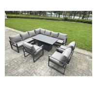 Fimous 9 Piece L-shaped Garden Furniture Set 10-Seater Aluminium Outdoor Dining Set with Adjustable Rising Lifting Dining Table 3 Chairs Dark Grey