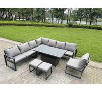 Fimous 9 Pieces Aluminium Garden Furniture Set With With Adjustable Rising Lifting Dining Table 2 Small Footstools Dark Grey