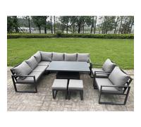 Fimous 9 Pieces Aluminium Garden Furniture Sets with Adjustable Rising Lifting Dining Table,Chair,2 Small Footstools 10 Seater Corner Sofa Set Dark Gr