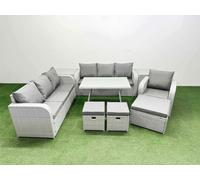 9 Pieces Outdoor PE Rattan Garden Furniture with 2 Side Tables 3 Stool Fimous Light Grey One Size