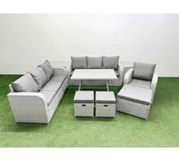 Fimous 9 Pieces Outdoor Pe Rattan Garden Furniture With Cushions Reclining Chair 2 Side Tables 3 Stool Light Grey
