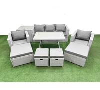 Fimous 9 Pieces Outdoor PE Rattan Sofa Armchair Set with Side Table 4 Stools in Light Grey Fimous Light Grey