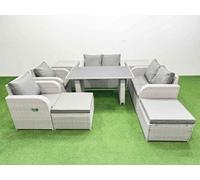 Fimous 9 Pieces Outdoor Pe Rattan Sofa Reclining Chair Set With Cushions 2 Side Tables 2 Big Stools Light Grey