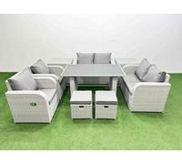 Fimous 9 Pieces Outdoor Pe Rattan Sofa Reclining Chair Set With Cushions 2 Side Tables 2 Small Stools Light Grey