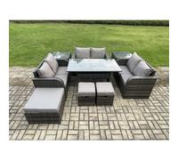 Fimous 9 Pieces Outdoor Rattan Garden Furniture Set with Patio Rectangular Dining Table Love Sofa 2 Side Tables 3 Footstools