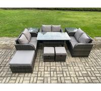 Fimous 9 Pieces Outdoor Rattan Garden Furniture Set With Patio Rectangular Dining Table Love Sofa 2 Side Tables 3 Footstools